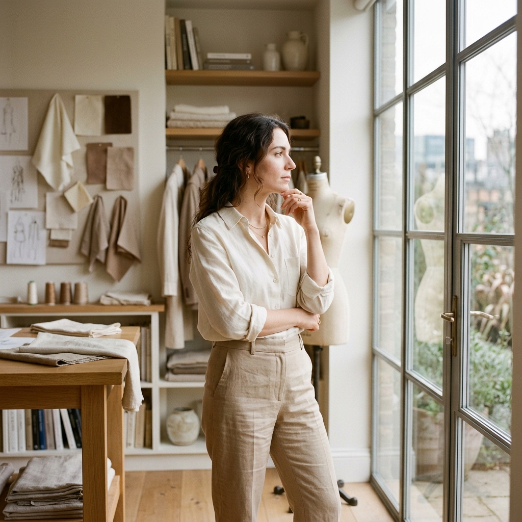FIKAVIE founder in her atelier studio, thoughtfully looking out the window