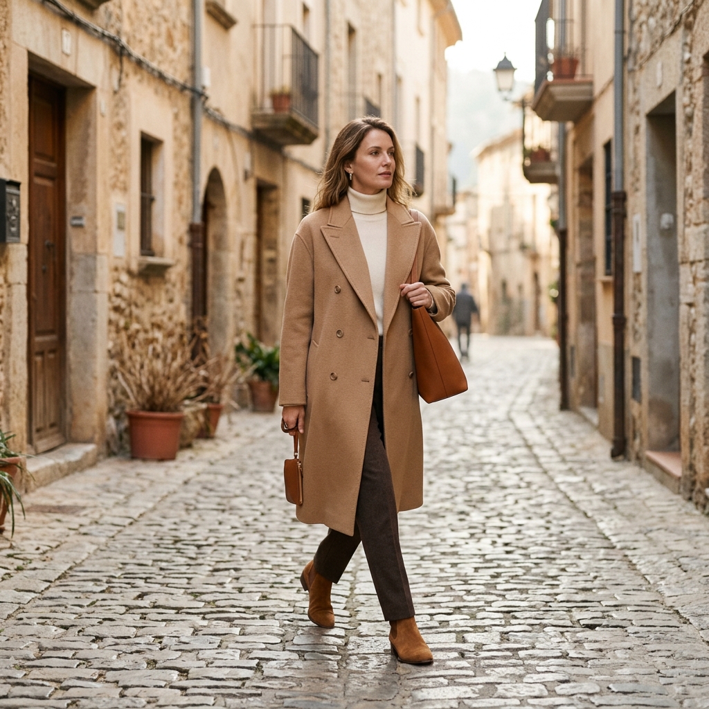 Woman in elegant camel cashmere coat walking through a quiet European street
