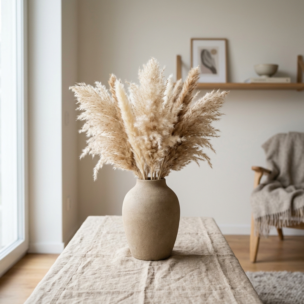 Matte stone ceramic vase with dried pampas grass on linen surface