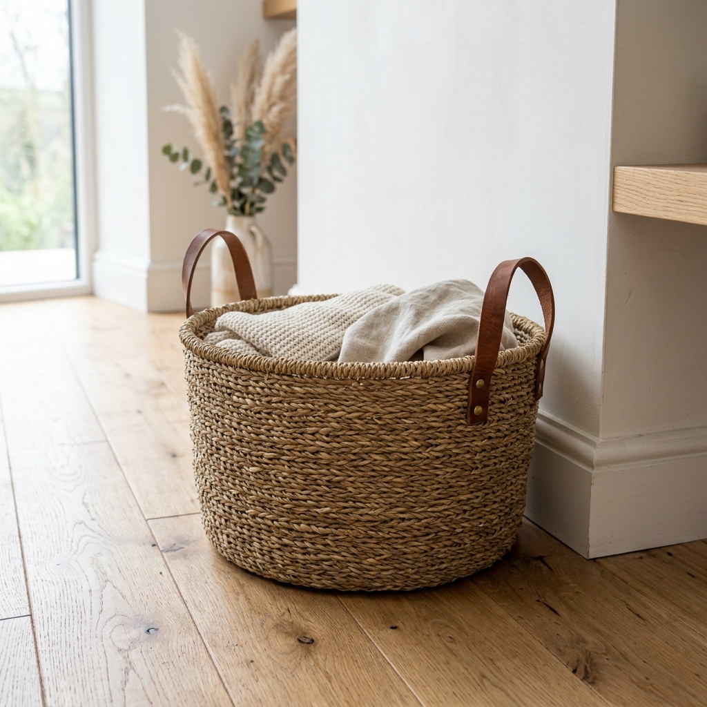 Hand-woven seagrass basket with leather handles on a wooden floor