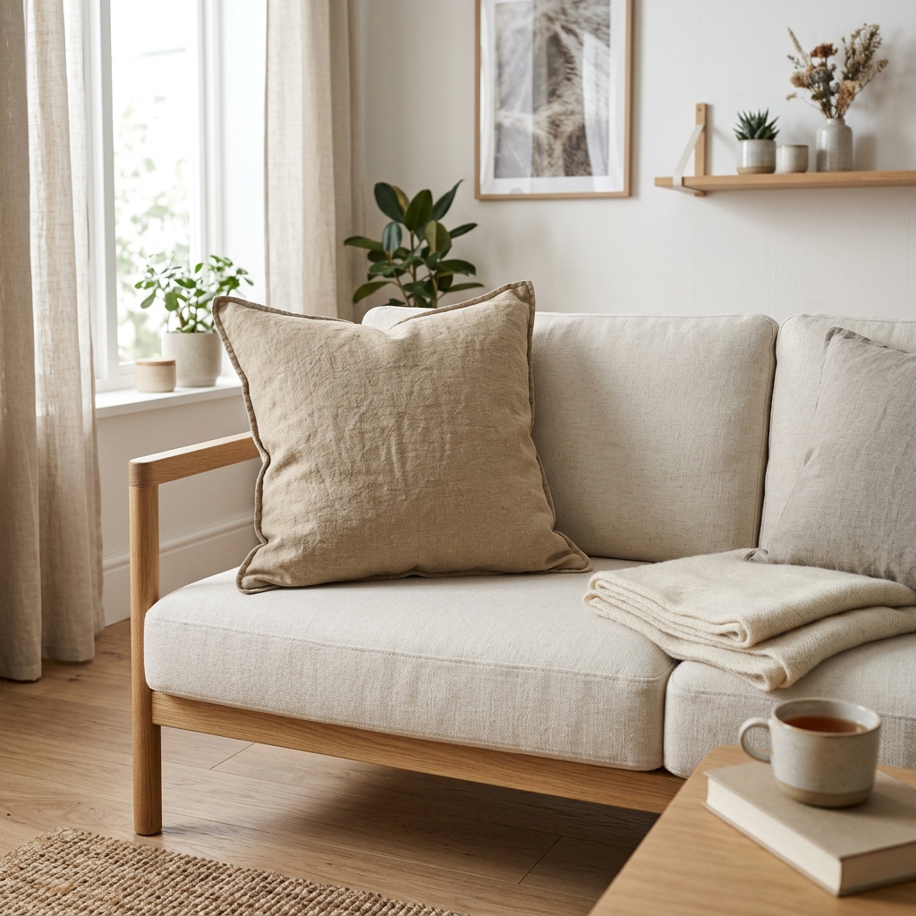 Stonewashed sand linen cushion on a minimalist sofa