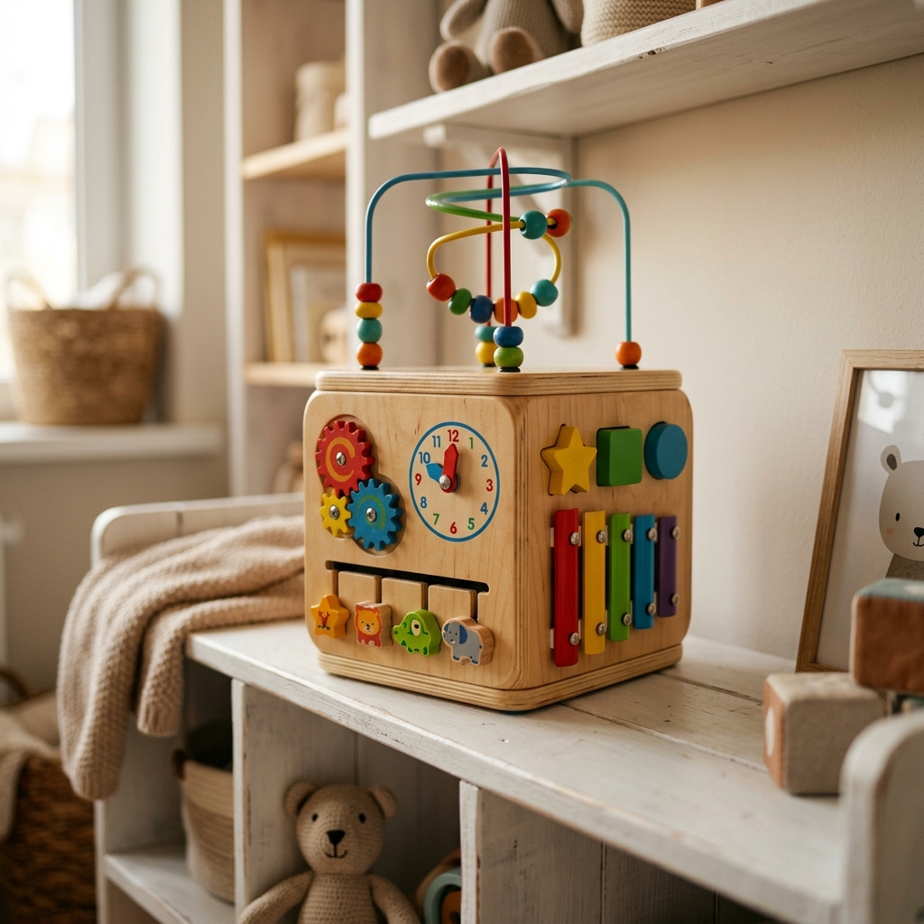 Wooden activity cube with colourful elements on a nursery shelf