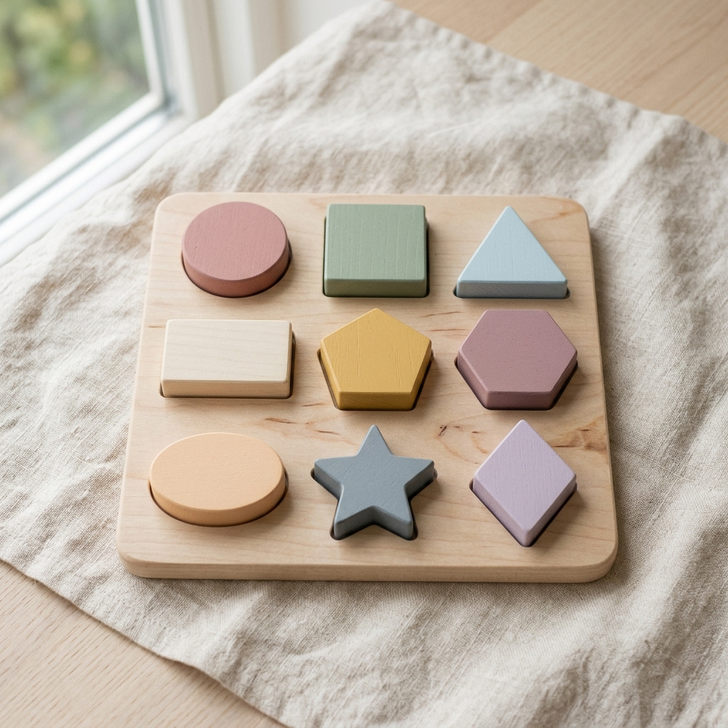 Montessori geometric shape puzzle on cream linen background