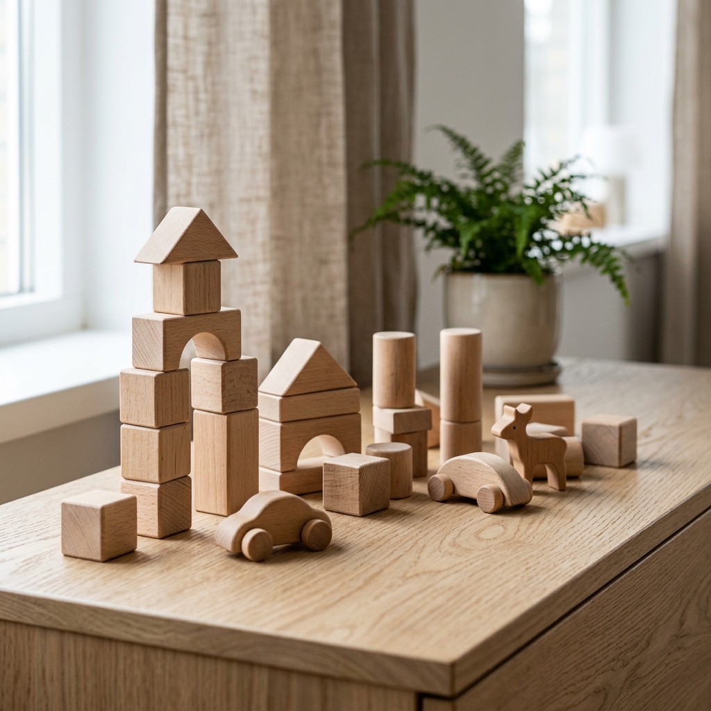Natural beechwood building blocks arranged on a light oak surface