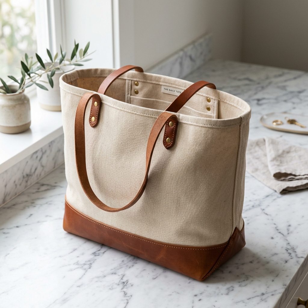Natural canvas tote with leather base on a marble surface