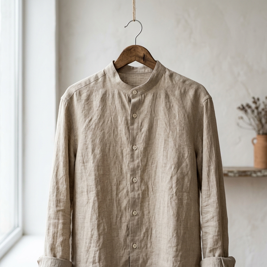 Sand linen shirt with mandarin collar on wooden hanger