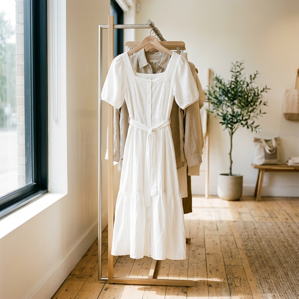White organic cotton midi dress on a sunlit clothing rack