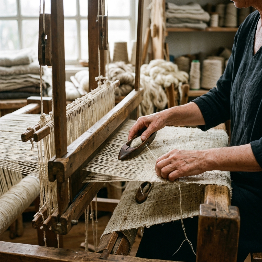 Artisan hands weaving natural linen on a traditional wooden loom